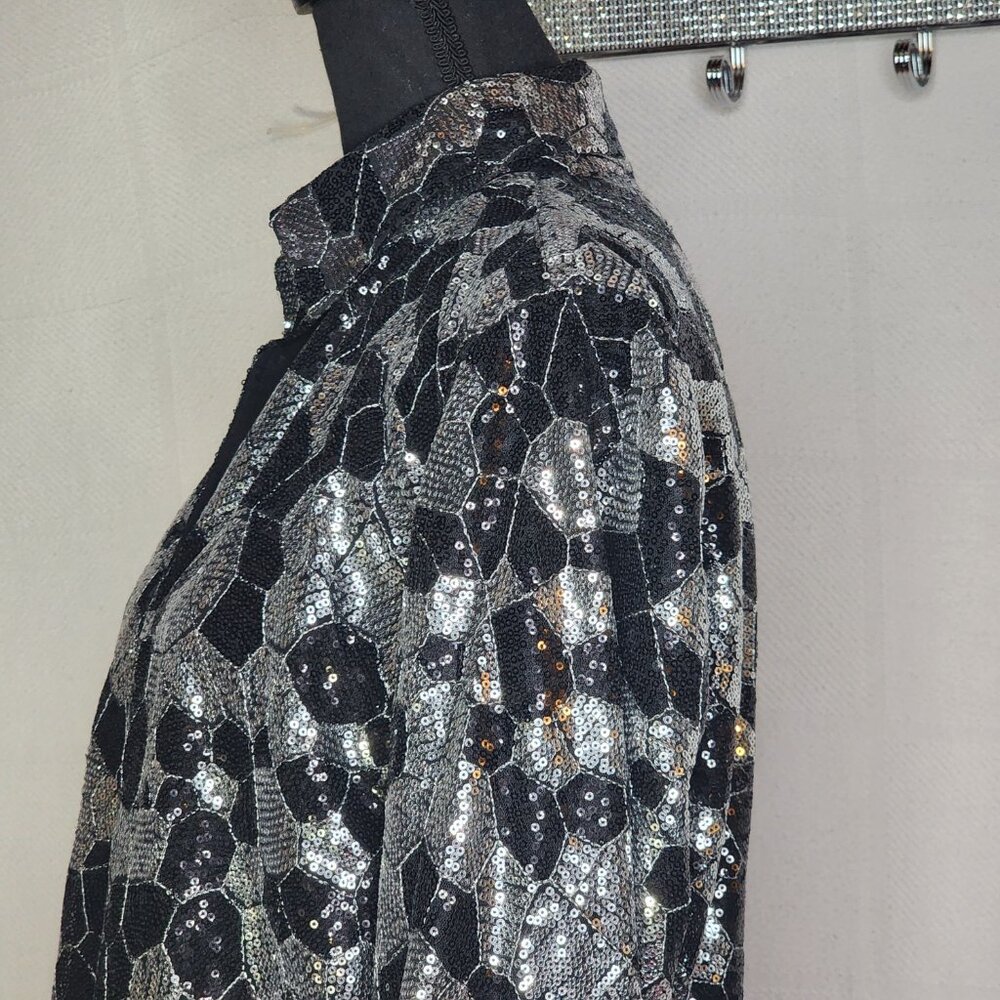 Chico's Black Silver Sequin Twilight Dazzle Tropez Poly Jacket Sz Chico 3 US XL - Picture 10 of 16